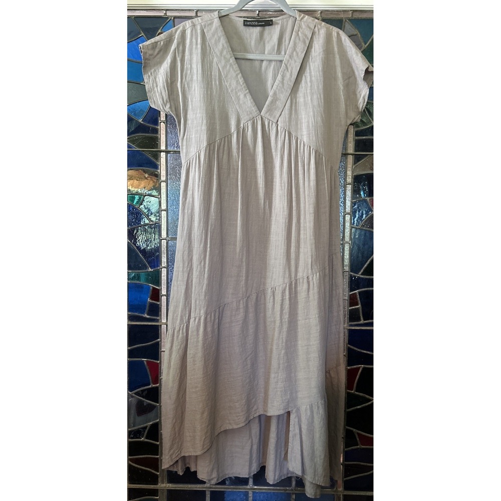Zanzea Dress Pale Sage Green V Neck Uneven Hemline Cap Sleeve Small 100% Cotton